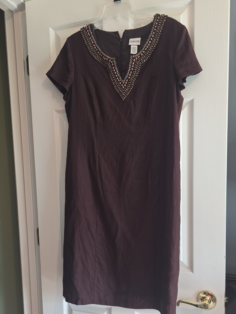 Chico's Beaded V-Neck Short Sleeve Dress in Deep Chocolate Brown Size 2
